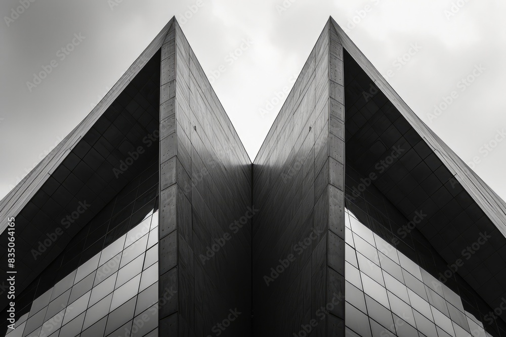 Poster a tall building with lots of windows and a clock on the top, photograph the architectural symmetry a