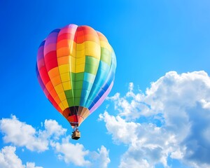 A colorful hot air balloon is floating in the sky above a blue and white cloud