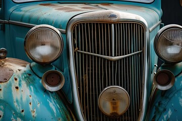a close up of a car's headlight and front grill, Photograph the details of vintage cars,...