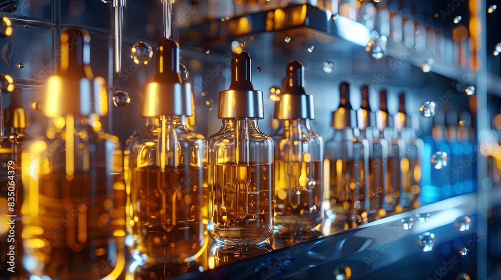 Poster Glass bottles filled with serums and droplets sit on a shelf in a laboratory, showcasing the precision of scientific research. Generative AI