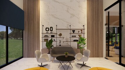 Interior Empty Modern Loft Office open space modern office.Modern open concept Lobby and reception area meeting room design.3d Rendering .