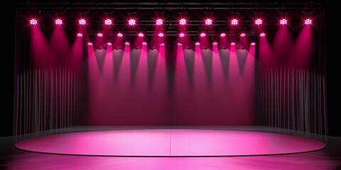Empty stage with pink lighting, ready for a performance or event. Spotlights create a vibrant, lively atmosphere, ideal for various shows.