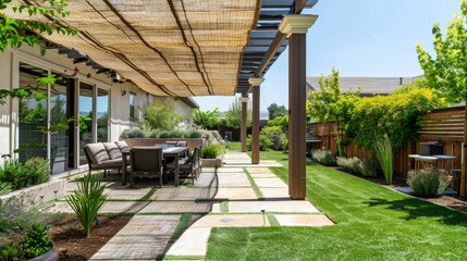 Beautiful patio area with chairs and tables in front of a house, showcasing California living on a sunny day. Green grass and bright blue sky enhance the serene outdoor space, captured in high resolut