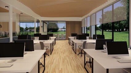 Interior Empty Modern Loft Office open space modern office.Modern open concept Lobby and reception area meeting room design.3d Rendering .