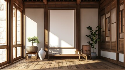 Frame mockup, modern and oriental hanok interior, wall poster frame