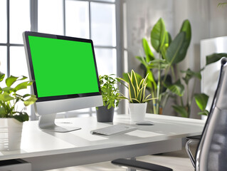 Fototapeta premium Modern office room with a green screen desktop monitor on the table desk in office