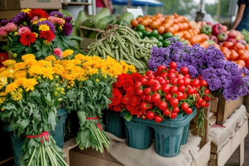 a table with a bunch of different fruits and vegetables, Showcase the vibrant colors of a farmers market, emphasizing fresh produce and flowers