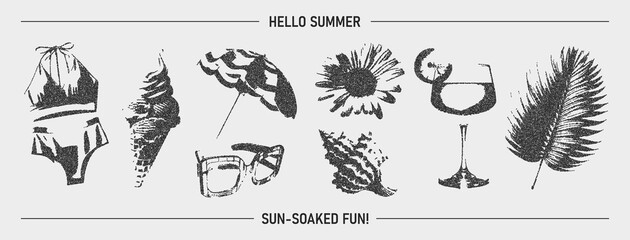 Summer elements with retro photocopy effect of y2k design. Swimsuit, ice cream, palm leaf, sunglasses, beach umbrella, chamomile, cocktail. Texture in the form of vector points.