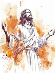 In His Glory: Jesus Christ in worship on the background of abstract splashes of warm colors. Digital illustartion.