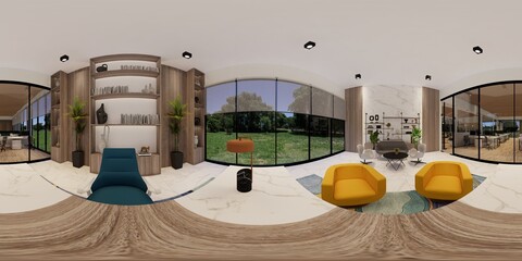 3d illustration spherical 360 vr degrees, a seamless panorama of the room and office. interior design 3D rendering.reception in a modern panoramic office