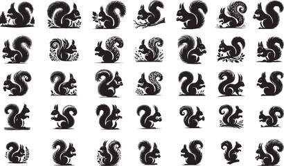 Squirrel silhouettes set, large pack of vector silhouette design, vector isolated white background