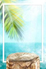 Wooden pedestal of empty space for your decoration and hot summer day. Landscape of sea and beach 