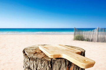 Wooden pedestal of empty space for your decoration and hot summer day. Landscape of sea and beach 