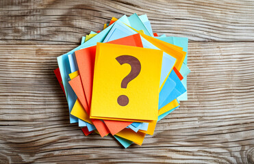 A pile of colorful paper with a question mark on top, on a wooden background, concept of inquiry. Generative AI