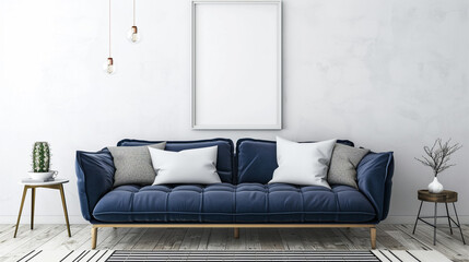An electric blue sofa adding a pop of color to the simple living room, with the blank white frame...