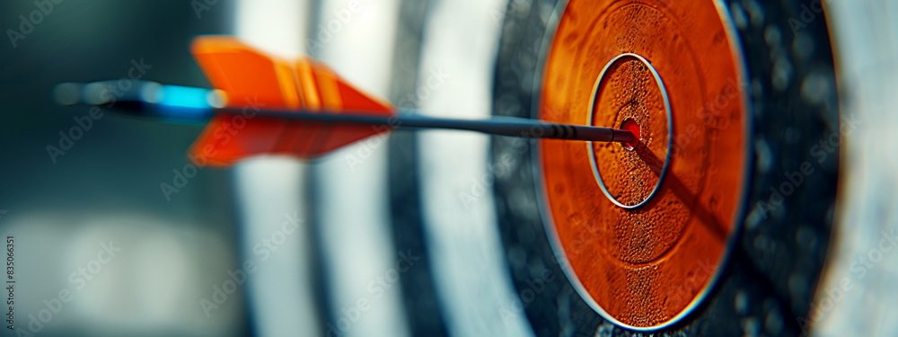 Poster Close-up of an arrow hitting the bullseye on a dartboard, embodying the concept of accuracy. Generative AI