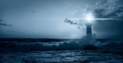 Beautiful night seascape with lighthouse at blue dark night