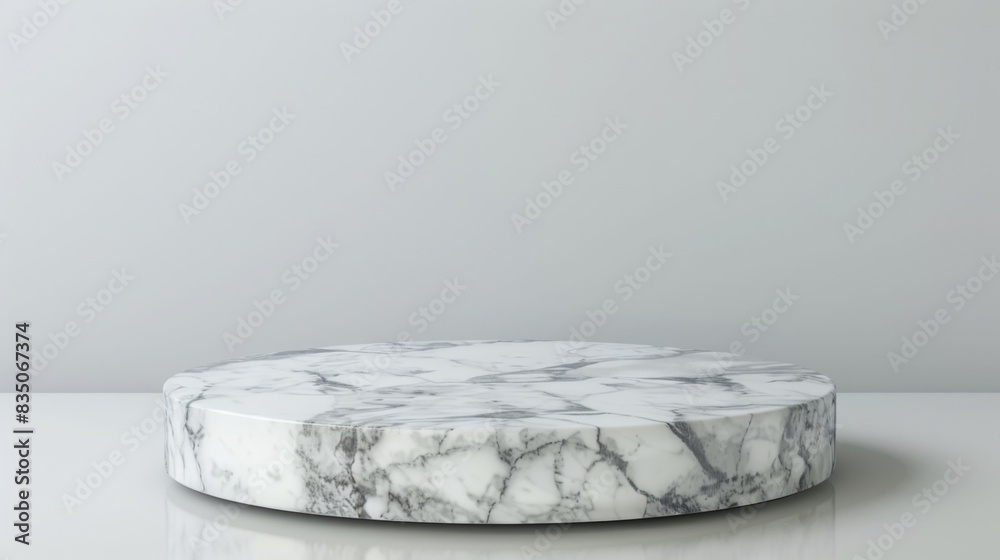 Poster A round marble plinth sits on a reflective surface in a minimalist setting, showcasing sophisticated simplicity.