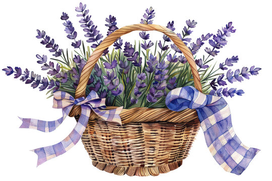 recommend clip art: Watercolor Lavender Flowers in Basket with Bow, Clipart, 3d render, isolated on a transparent background.
