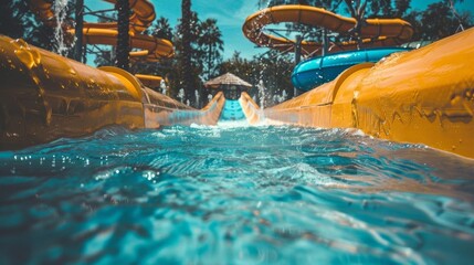 Exciting point of view shot of a person sliding down a water slide at a water park on a sunny day with clear blue water.