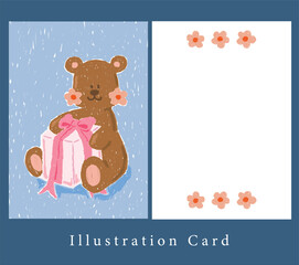 teddy bear with flower is holding pink present on blue background. illustration birthday card decoration. greeting card for blessing.