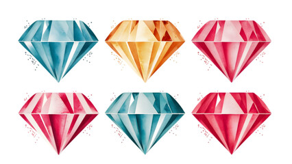 Watercolor Diamond Set, Isolated on White Background, Ideal for Jewelry, Wedding, and Fashion Design Projects	