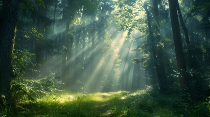 Fototapeta premium Beautiful forest with sunlight filtering through the trees, creating an enchanting and peaceful atmosphere. a dreamlike atmosphere, a forest scene.