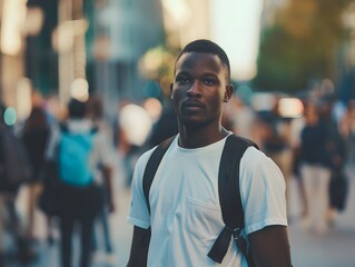 A young man wearing a white shirt and backpack stands in a busy city street