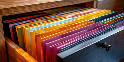 Closeup of open storage cabinet drawer with multicolored folders of many paperwork documents, background with copy space