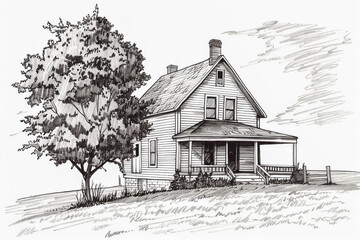 Hand Drawn Farmhouse.  Generated image.  A digital illustration of a hand drawn farmhouse in the Midwest.
