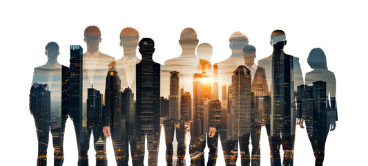 Multiple silhouetted businesspeople overlaid on an urban skyline at sunset, creative photomontage on a light background, illustrating the concept of teamwork and urban business life. Generative AI