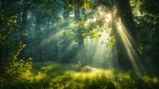 Beautiful forest with sunlight filtering through the trees, creating an enchanting and peaceful atmosphere. a dreamlike atmosphere, a forest scene.
