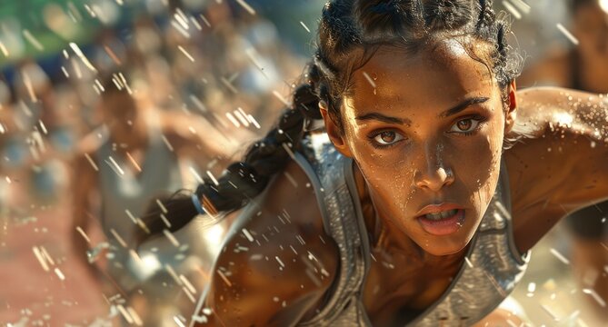 Focused Female Athlete in Wet Outdoor Race. Determination and Endurance