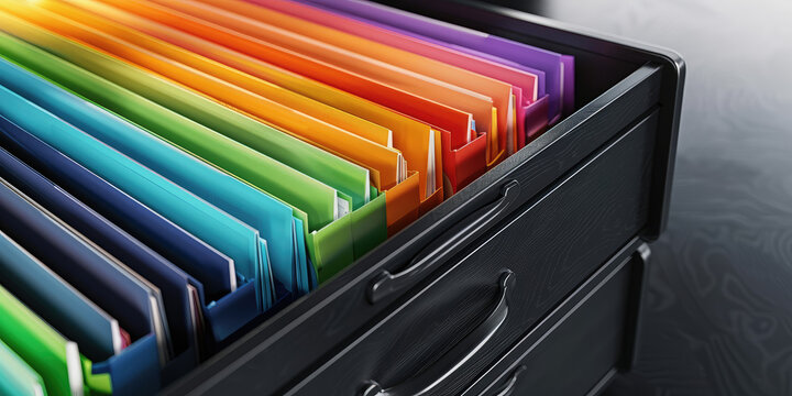 Closeup of open storage cabinet drawer with multicolored folders of many paperwork documents, background with copy space