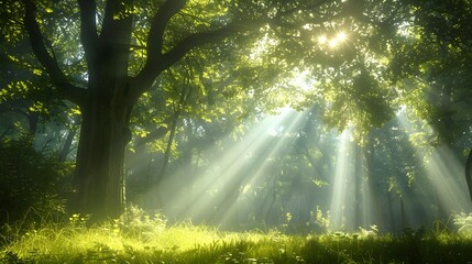 Obraz premium Beautiful forest with sunlight filtering through the trees, creating an enchanting and peaceful atmosphere. a dreamlike atmosphere, a forest scene.