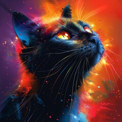 The cat appears ethereal, as if it embodies the essence of space. The dark background enhances the luminosity of its fur.