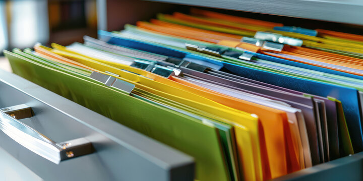 Closeup of open storage cabinet drawer with multicolored folders of many paperwork documents, background with copy space