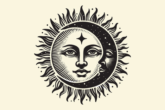 Sun and moon. Isoteric vector illustration. vintage black engraving, emblem, logo