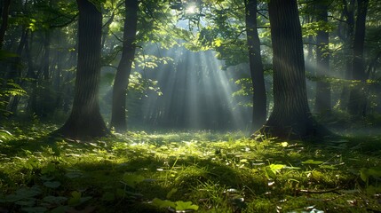 Beautiful forest with sunlight filtering through the trees, creating an enchanting and peaceful atmosphere. a dreamlike atmosphere, a forest scene.