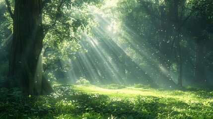 Obraz premium Beautiful forest with sunlight filtering through the trees, creating an enchanting and peaceful atmosphere. a dreamlike atmosphere, a forest scene.