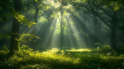 Obraz premium Beautiful forest with sunlight filtering through the trees, creating an enchanting and peaceful atmosphere. a dreamlike atmosphere, a forest scene.