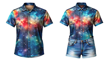 Galaxy Print Shirt and Jeans Shorts - Fashionable Apparel on Transparent Background