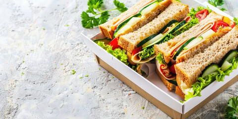 Lunch box with sandwich and fresh sliced vegetables on simple colored background with copy space