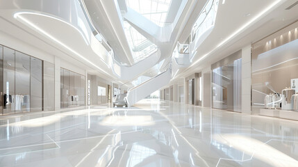 white interior of shopping center, modern architecture