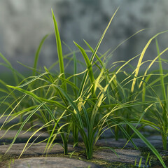 tiny drops of dew on the green grass in the early morning. Grass on the field as a background. Agricultural composition in the summer time