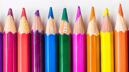 Sharpened colored pencils are laid in a row on a white background