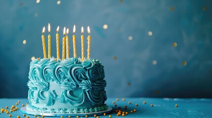 Blue frosted birthday cake with yellow candles on blue backdrop for celebration