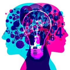 An abstract digital illustration depicting two human profiles, overlapping with a lightbulb in the centre. Surrounding the profiles are scattered numbers, forming a web of interconnectedness.