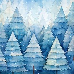 Obraz premium A painting of a forest with blue trees and snow