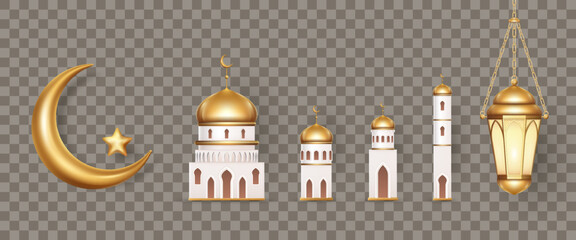 3D realistic vector festive symbols of islamic holidays for vector illustration design, art, posters, banners. Crescent moon, mosque, golden lantern isolated on transparent background.